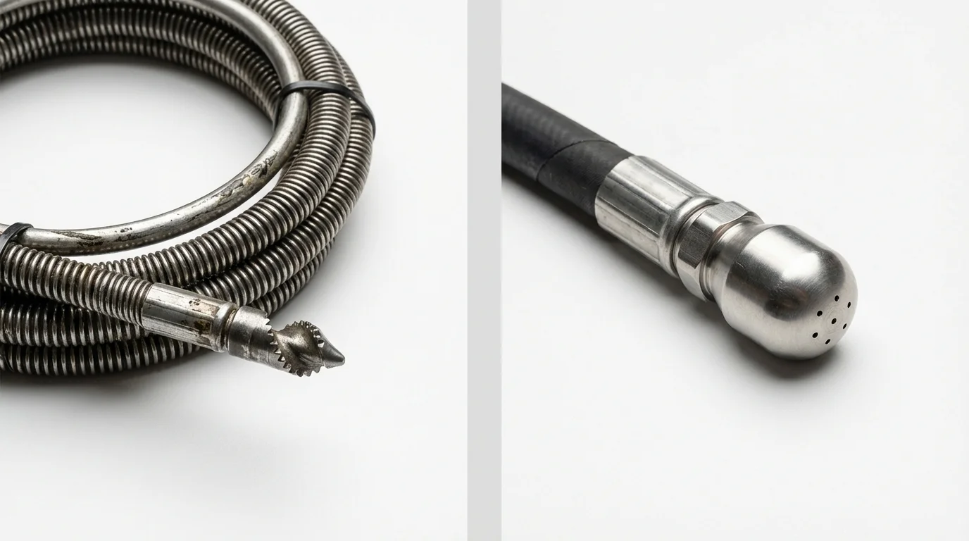 Drain snake cable and hydro jetting nozzle used for drain cleaning in Huntsville, MO