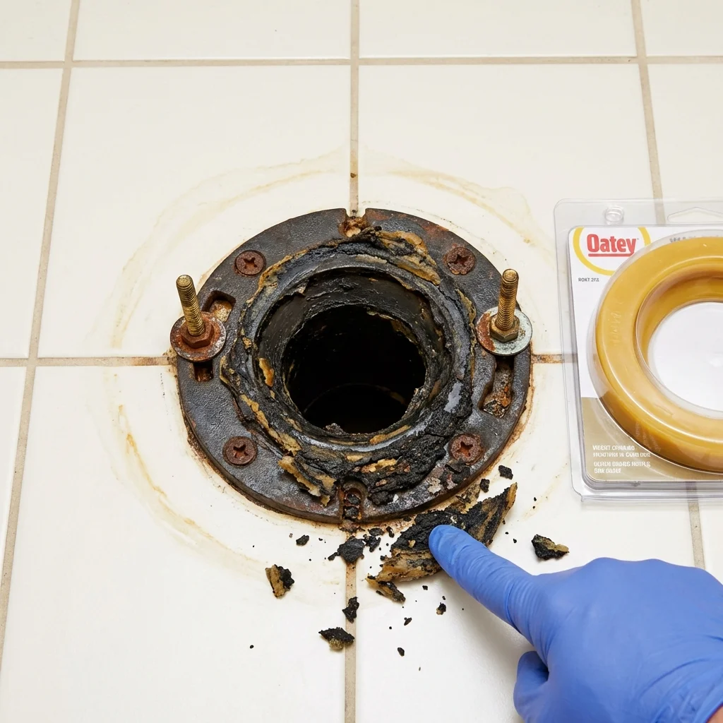 Failed wax ring showing water seepage at the base of a toilet in a Huntsville, MO home