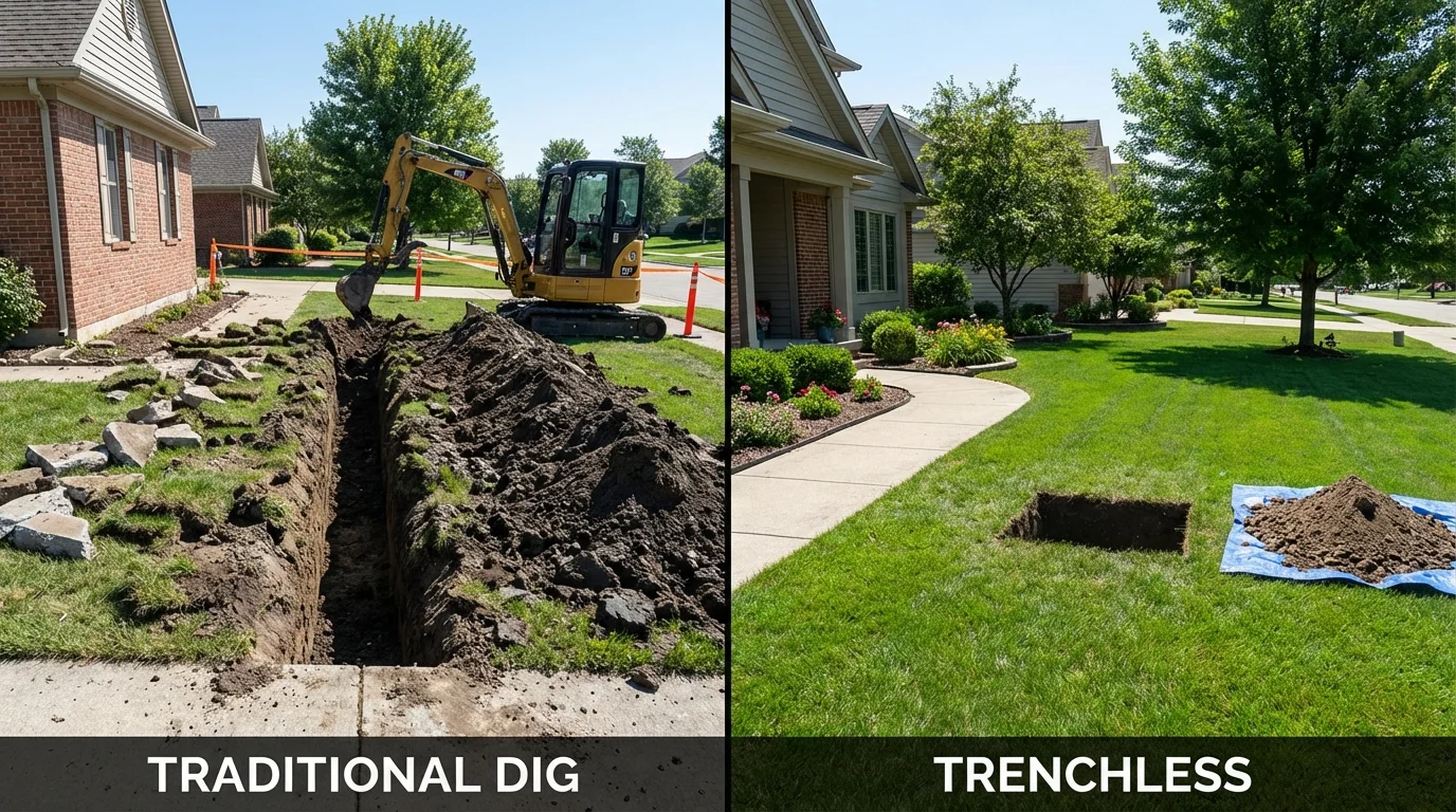 Trenchless sewer repair with minimal yard damage versus traditional excavation in Huntsville, MO