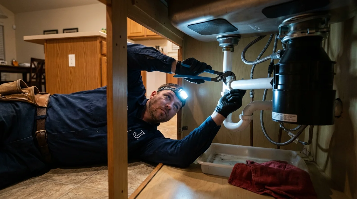 P-trap and supply line connections under a kitchen sink showing a common leak point in Huntsville, MO